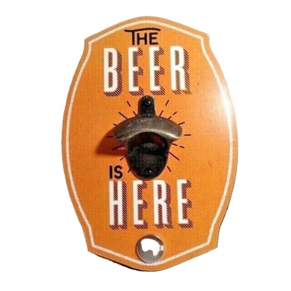 Boston Warehouse Barrel Bottle Opener THE BEER IS HERE Wall Mounted Magnet Gift